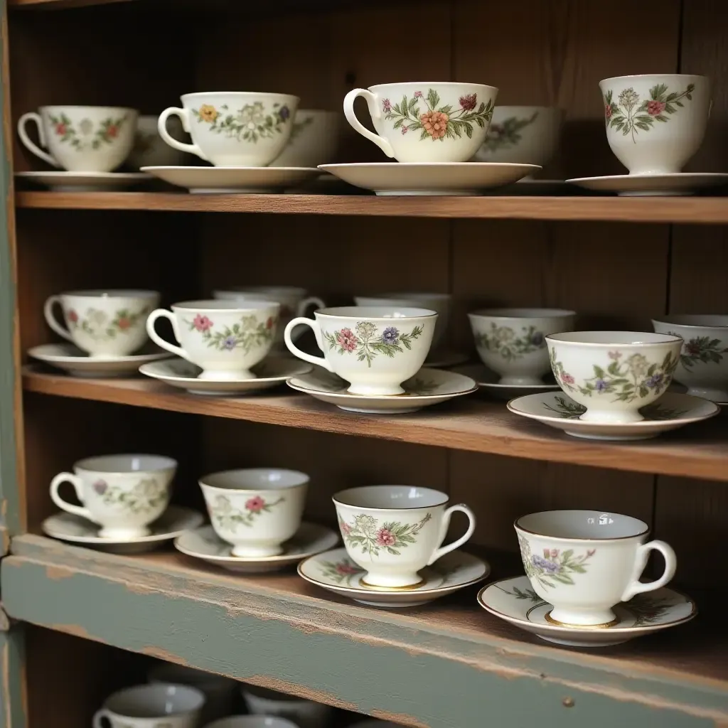 a photo of a collection of antique teacups displayed on a shelf