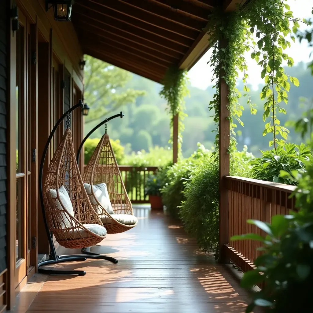 a photo of a balcony with hanging chairs and lush greenery