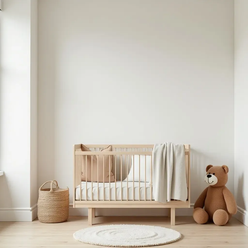 a photo of a stylish nursery featuring a simple color scheme and natural materials