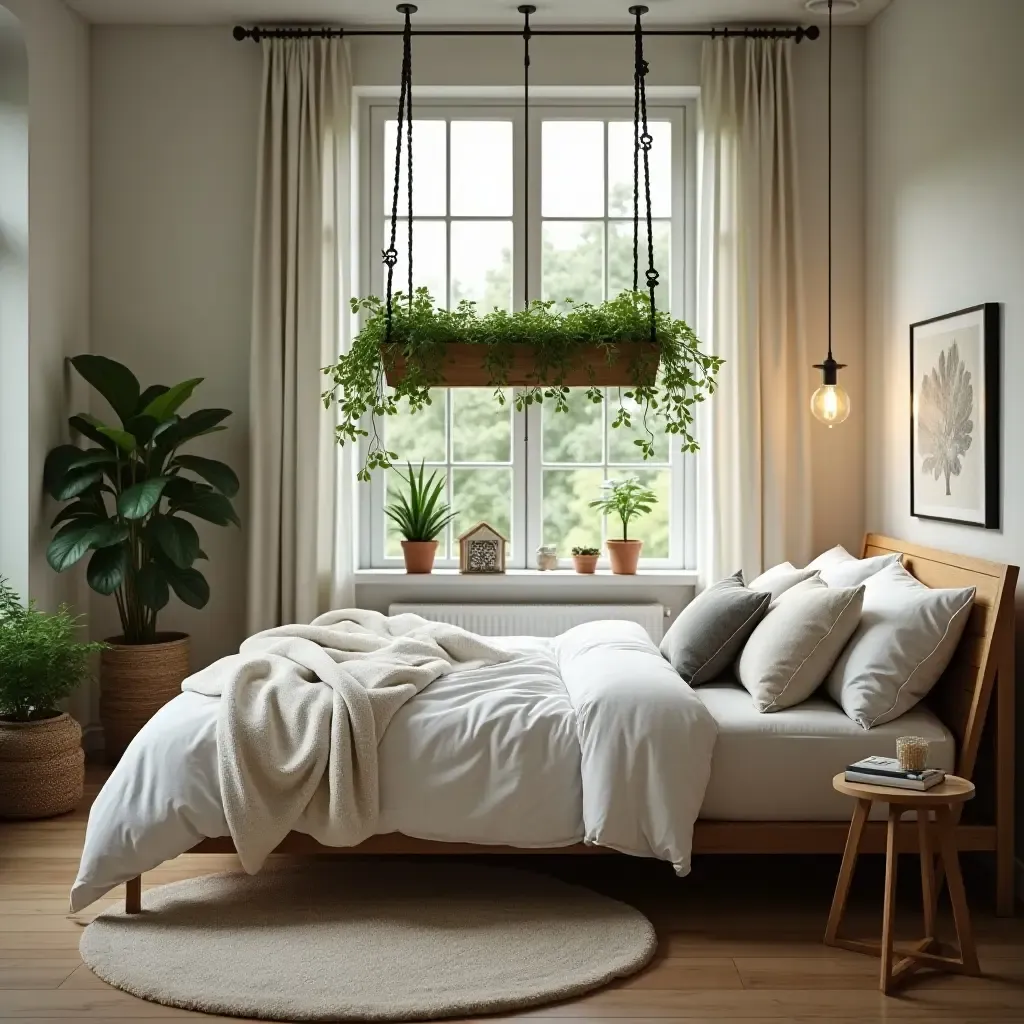 a photo of a cozy bedroom with a hanging herb garden