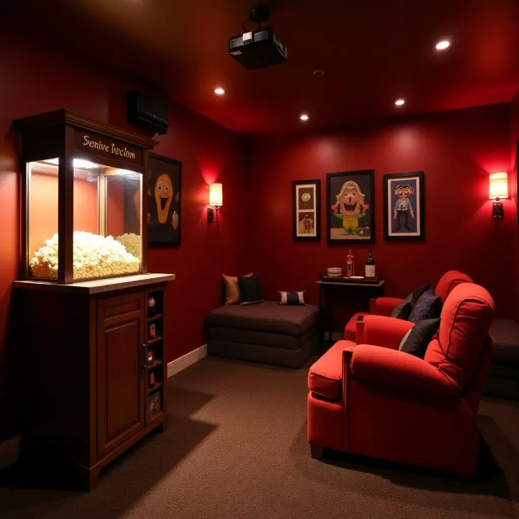 a photo of a basement movie theater with homemade popcorn station and decor