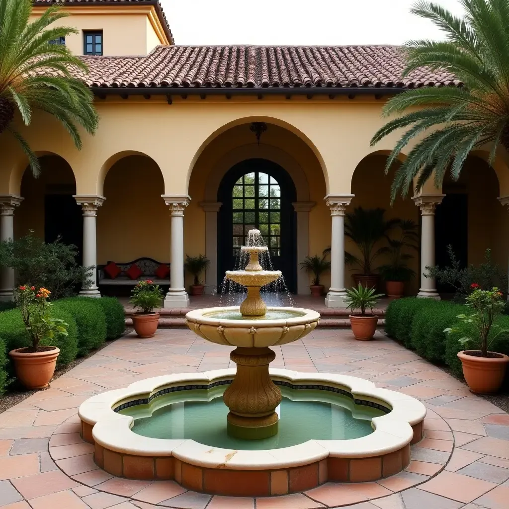 a photo of a serene courtyard with a traditional Mexican fountain