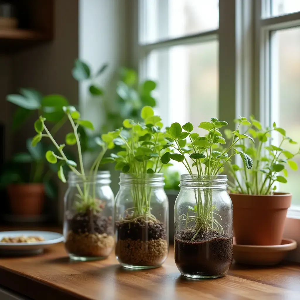 a photo of a cozy kitchen with plants growing in mason jars