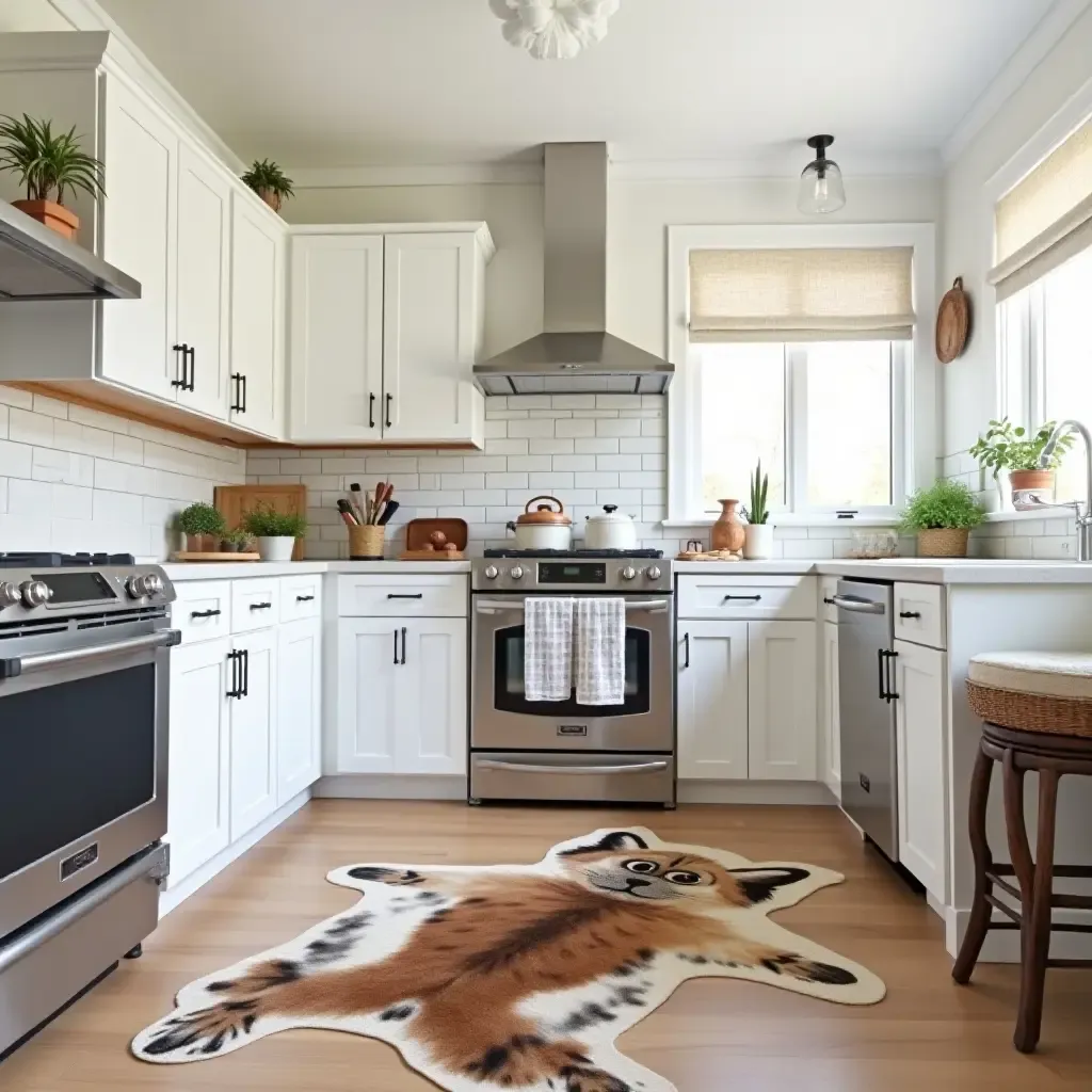 a photo of a kitchen with a playful animal print rug