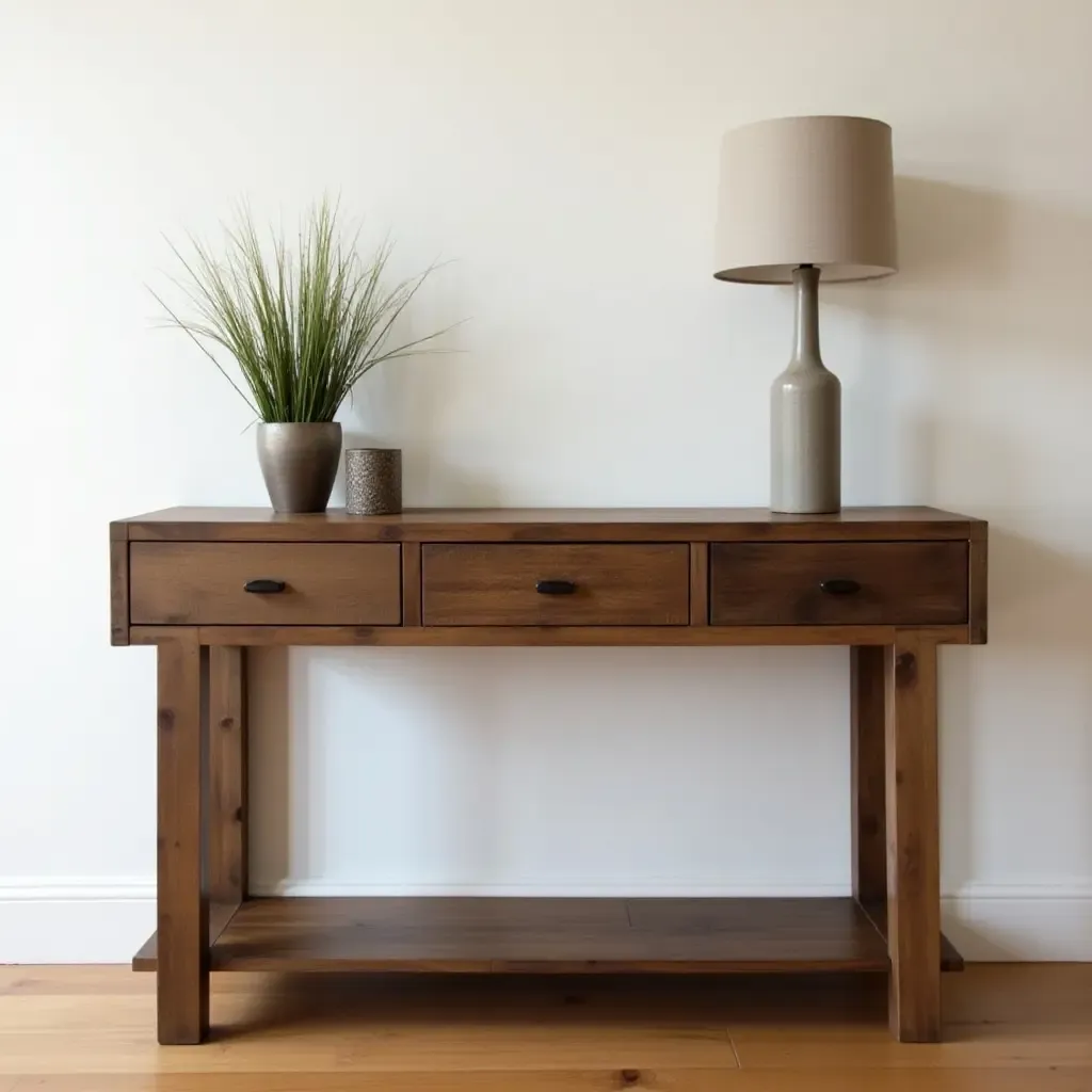 a photo of a reclaimed wood console table with decor