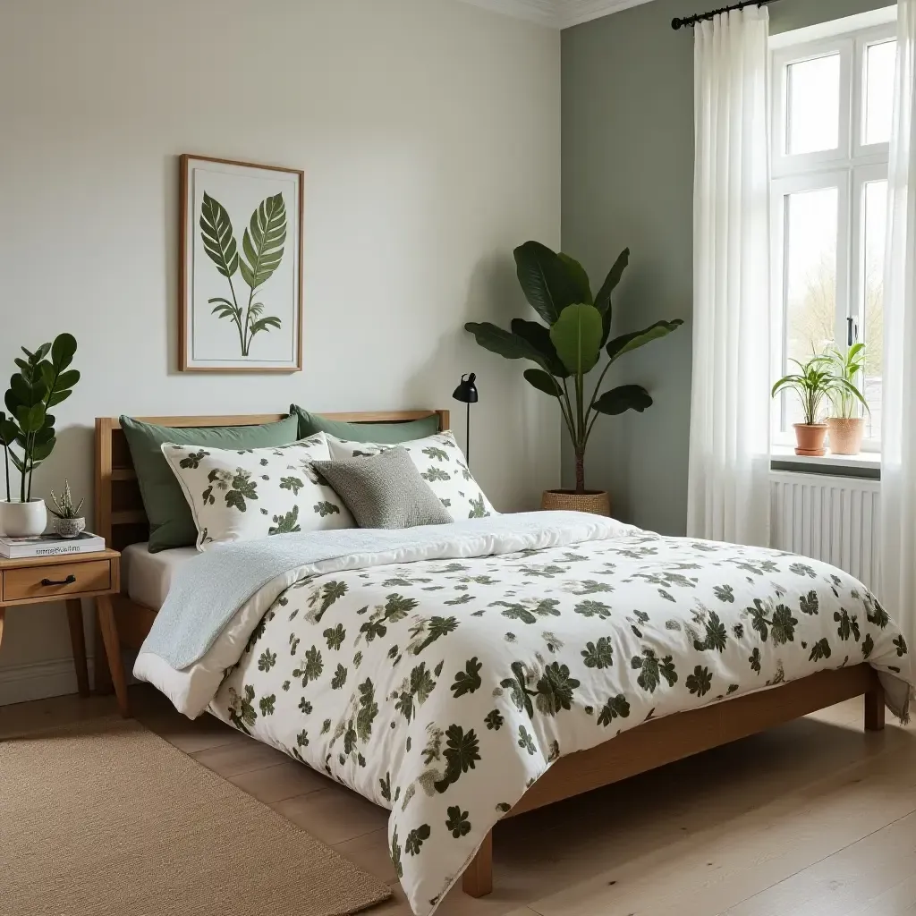 a photo of a bedroom featuring a plant-themed bedspread