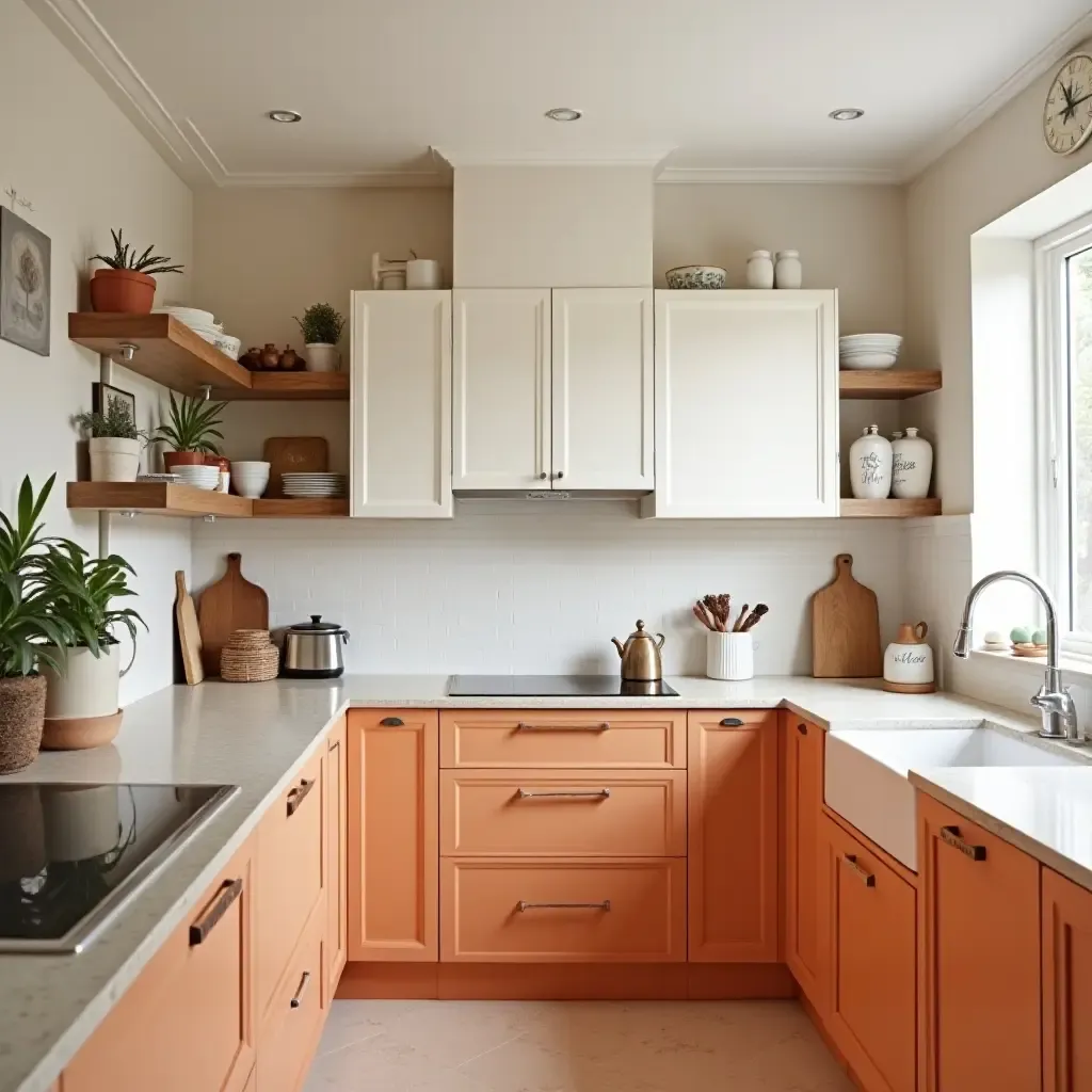 a photo of a cozy orange and white kitchen with rustic decor