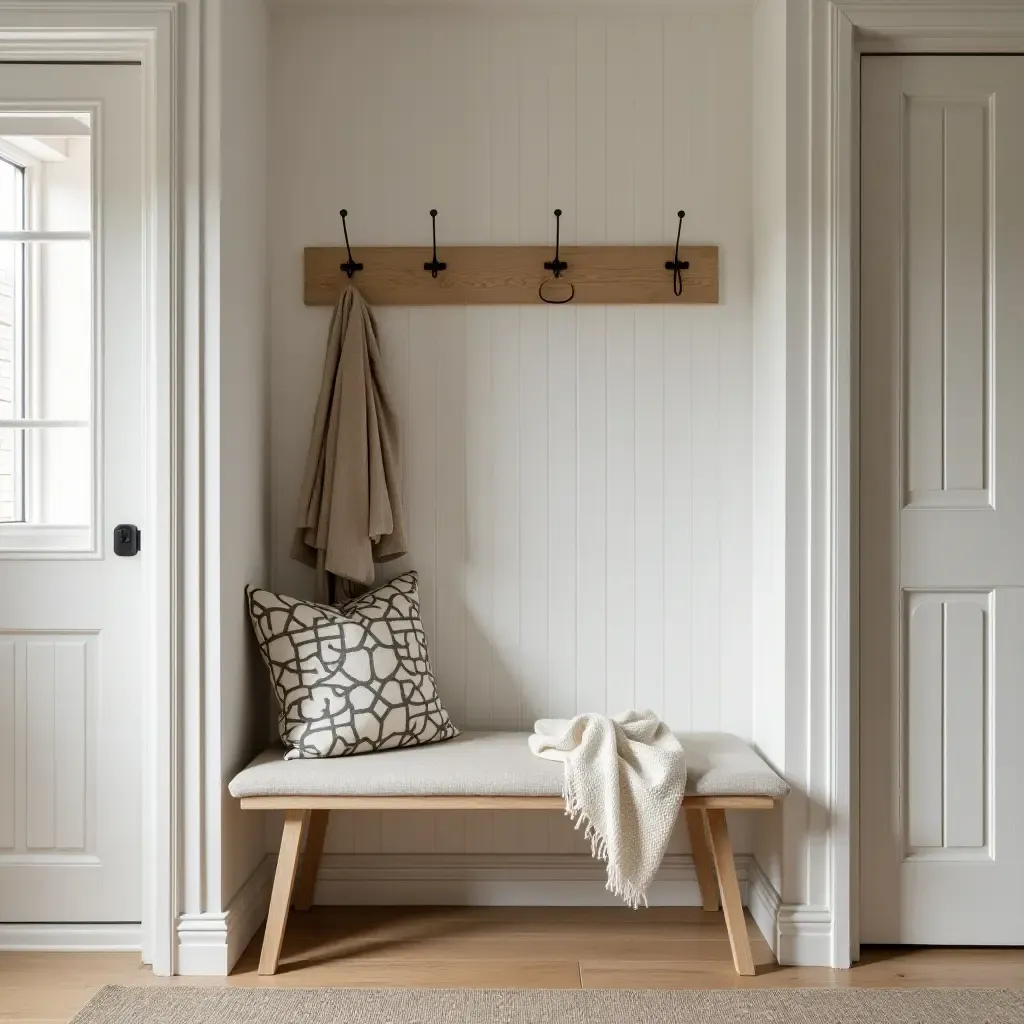 a photo of a welcoming Scandinavian hall with a bench and wall hooks for storage