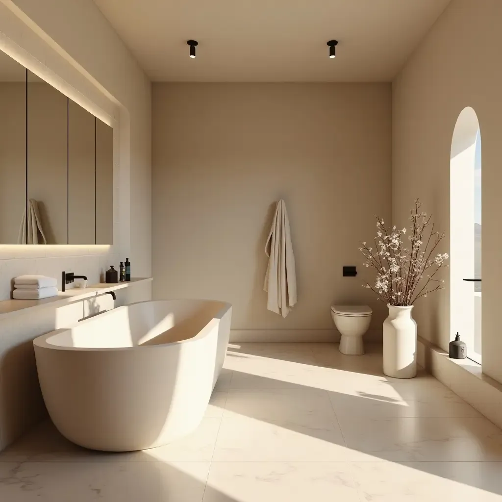 a photo of a minimalist Mediterranean bathroom with soft earth tones