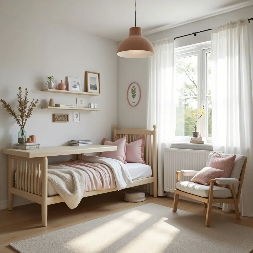 a photo of a bright and airy teen room with Scandinavian decor and a desk area