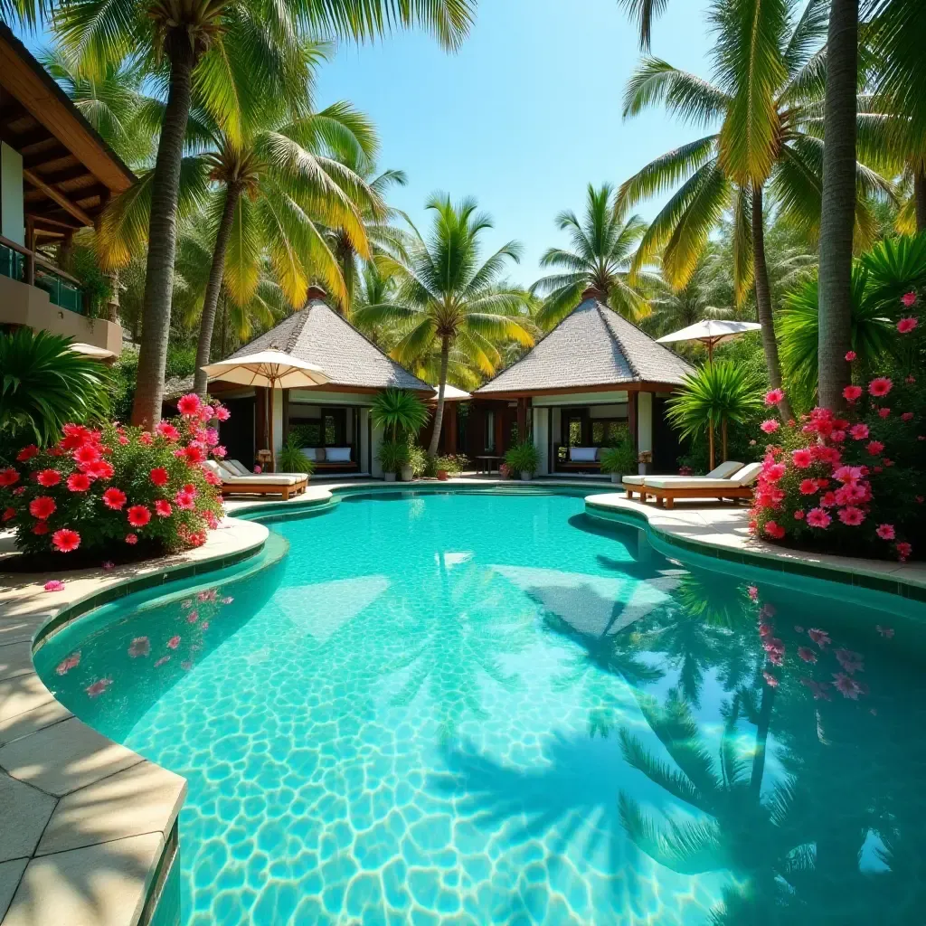 a photo of a tropical paradise pool with vibrant hibiscus flowers and turquoise water