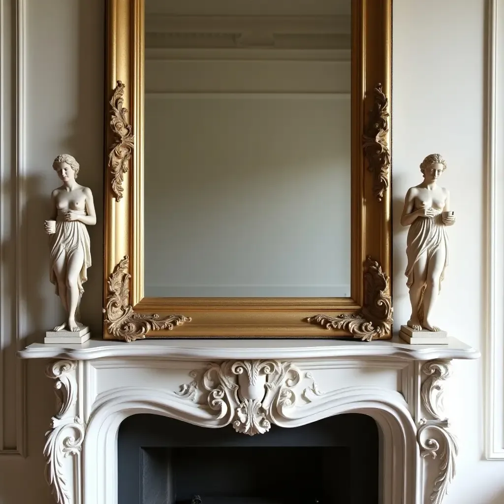 a photo of a traditional mantel with a large gilded mirror and classic sculptures