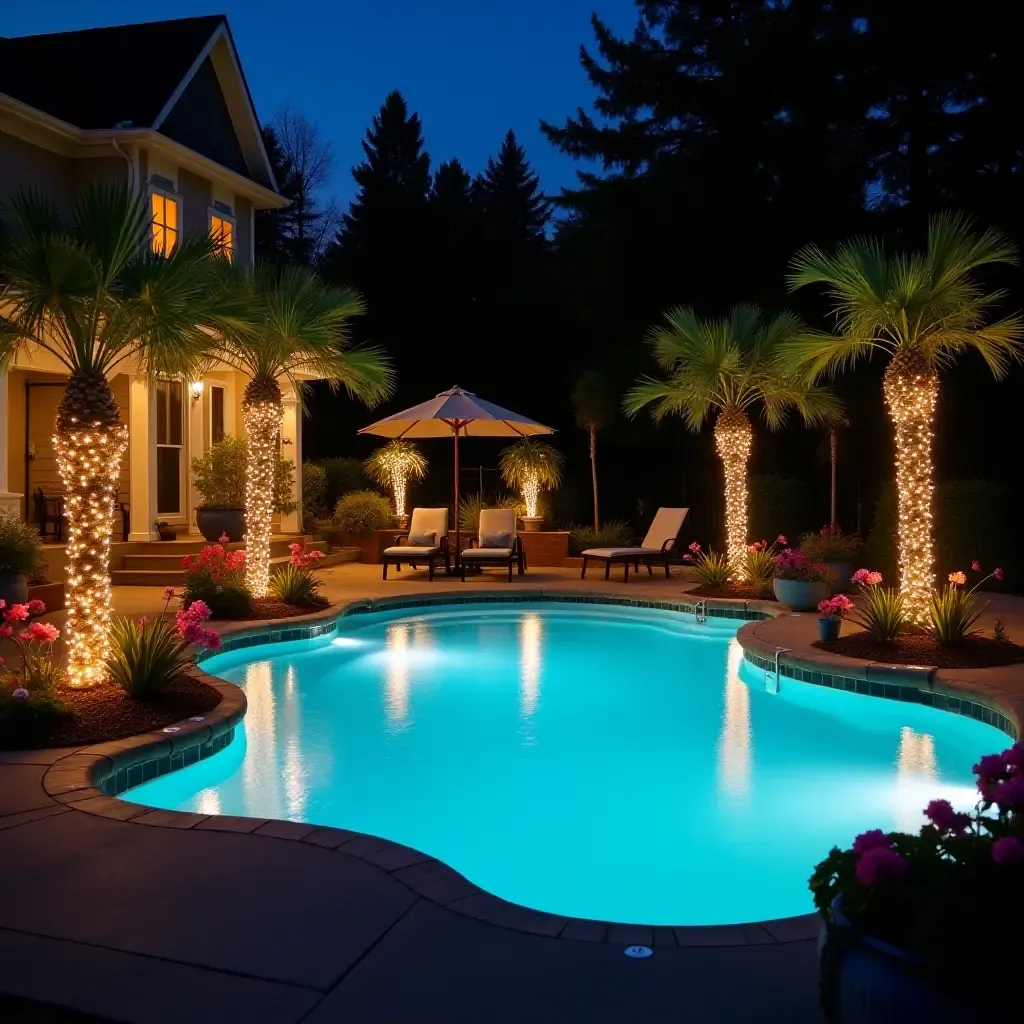 a photo of a beautifully decorated pool deck with fairy lights and flowers