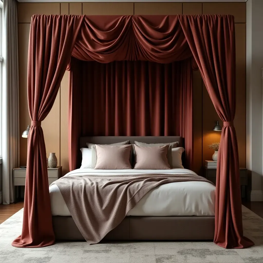 a photo of a sophisticated canopy bed with rich fabrics and textures