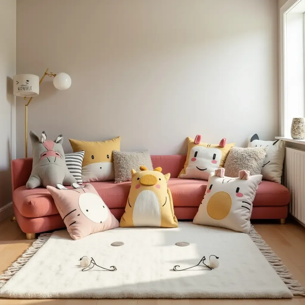 a photo of a playful basement playroom with cartoon-themed throw pillows on a floor mat