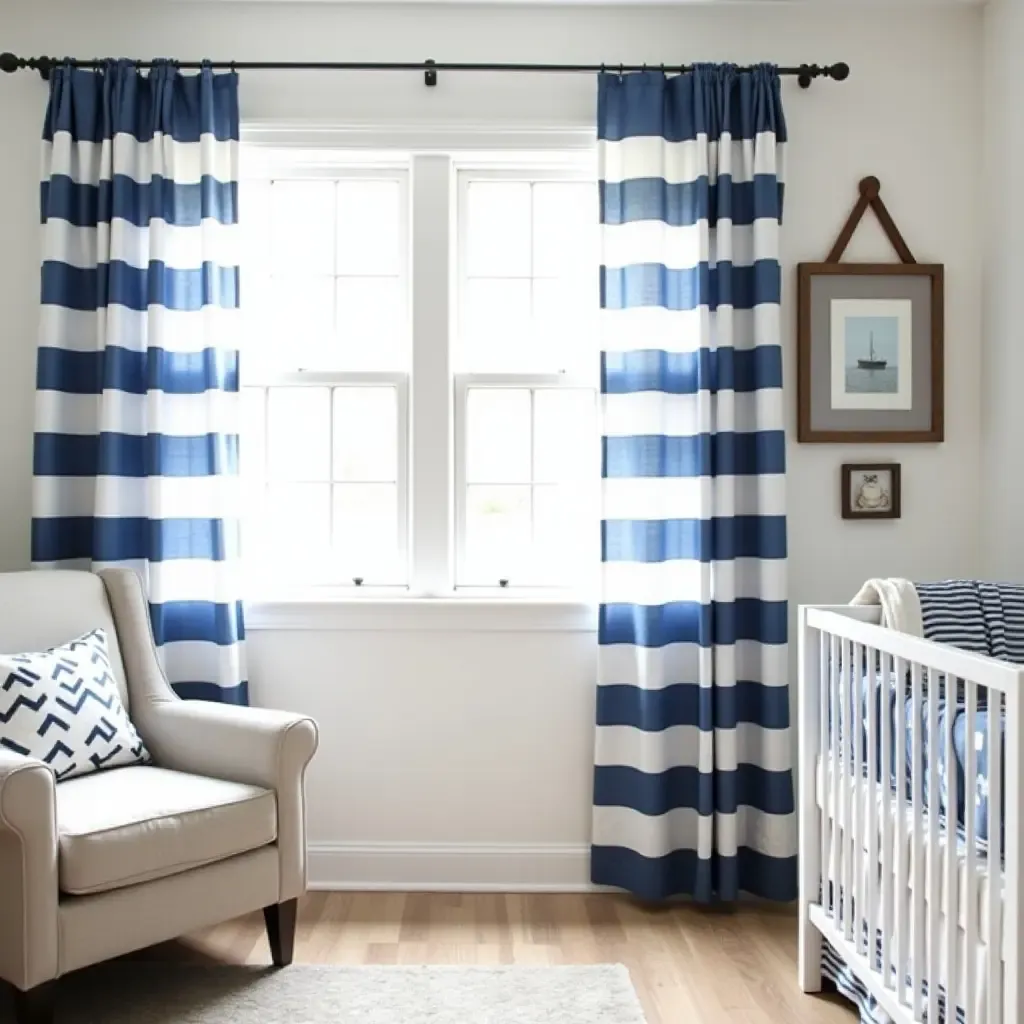 a photo of a nursery featuring blue and white striped curtains and nautical decor