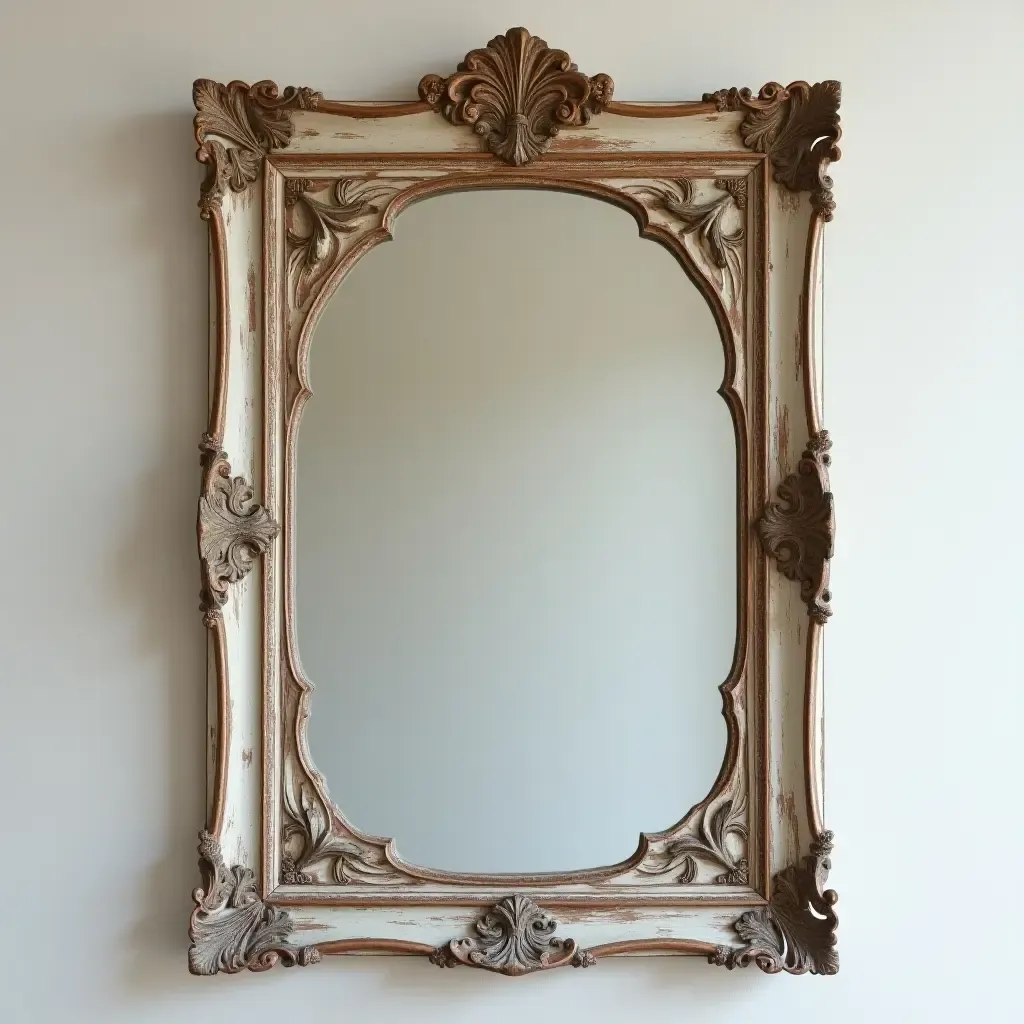 a photo of an antique mirror with a weathered frame