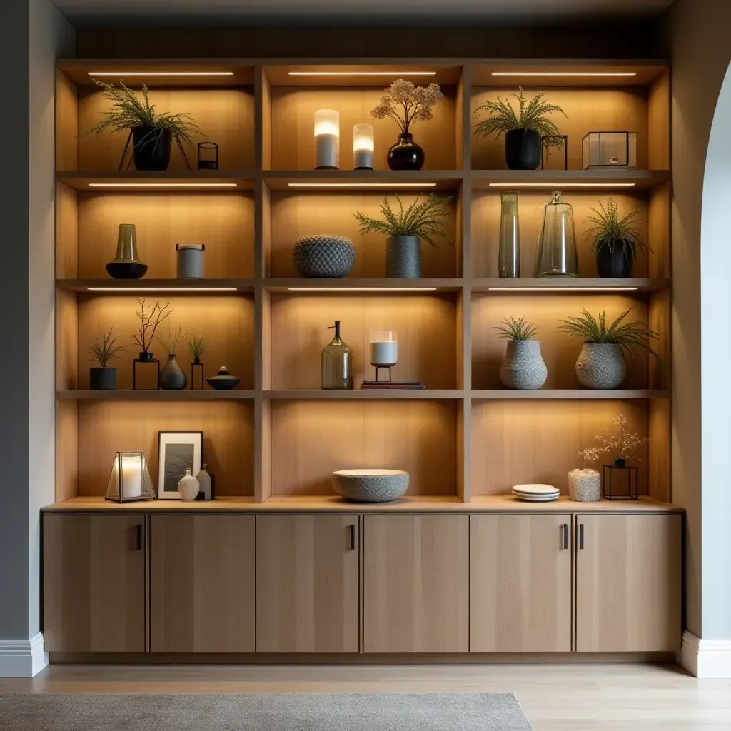 a photo of open shelving with a mix of lighting elements and decorative pieces