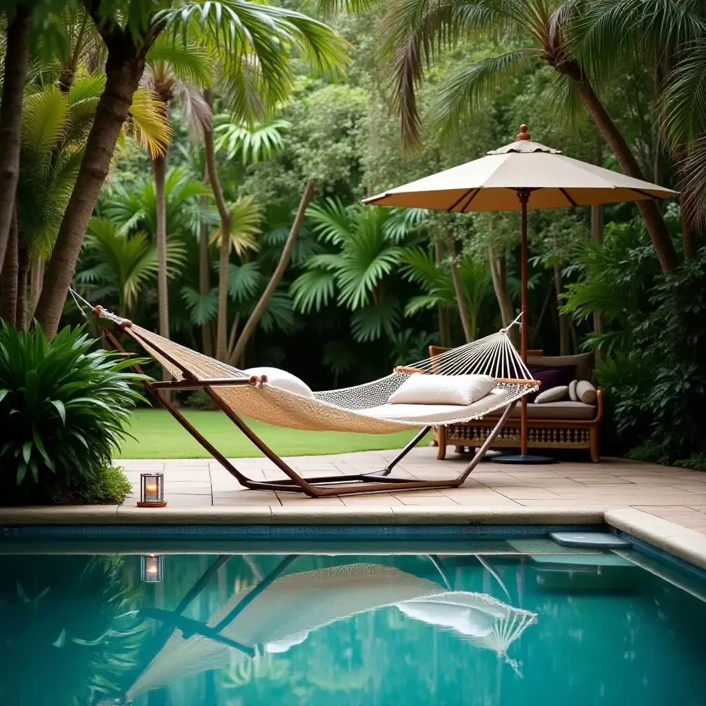 a photo of a hammock surrounded by lush greenery by the pool