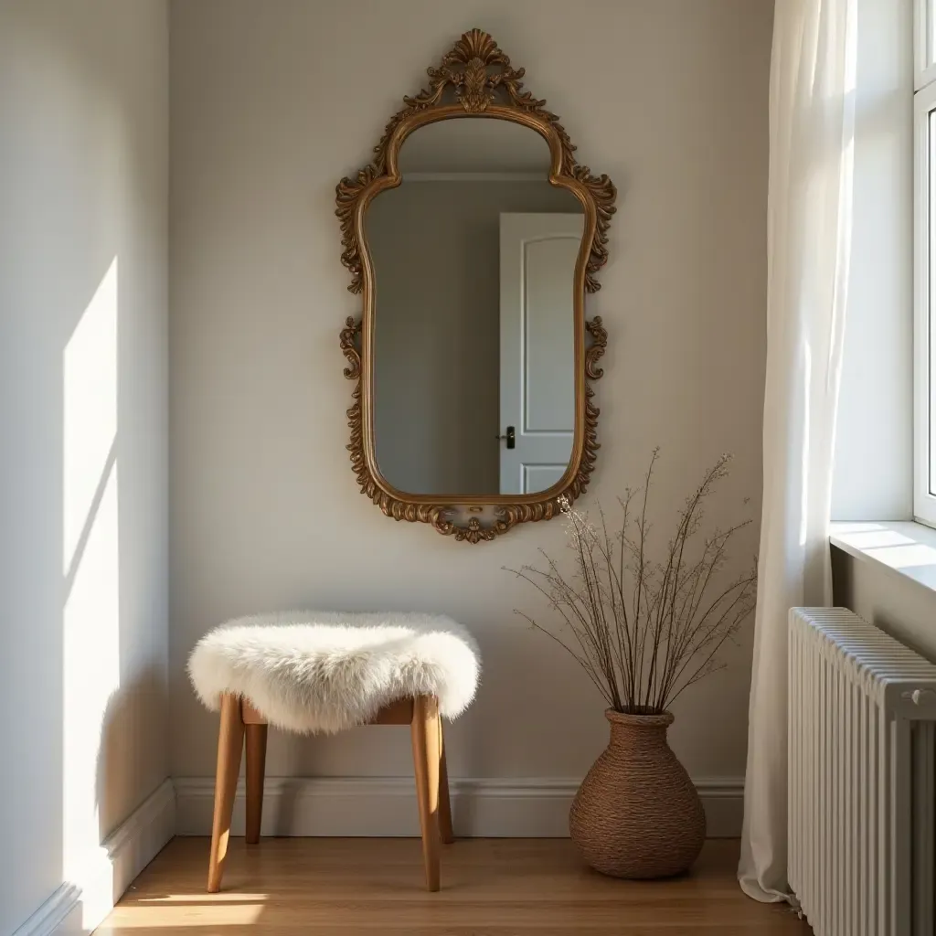 a photo of a cozy corner with an antique mirror and stool