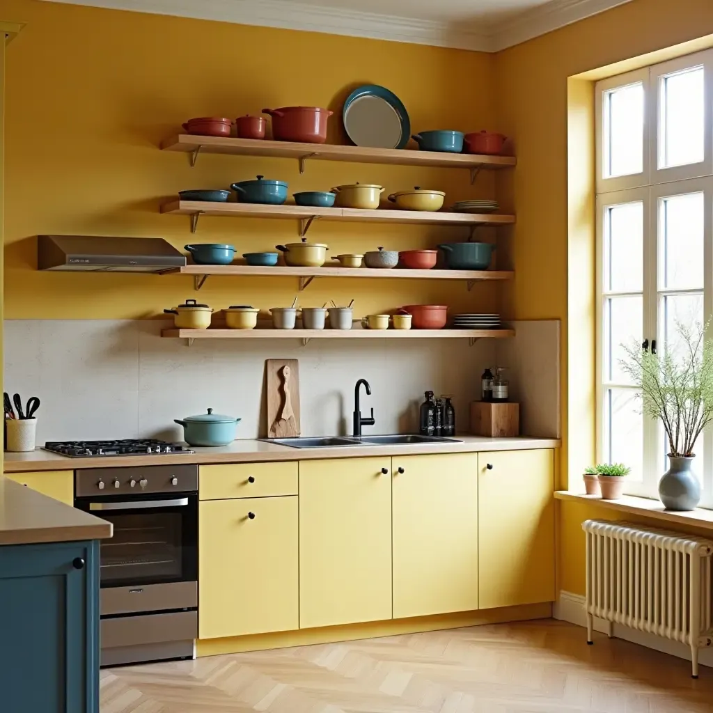 a photo of a vibrant kitchen with open shelving displaying colorful cookware