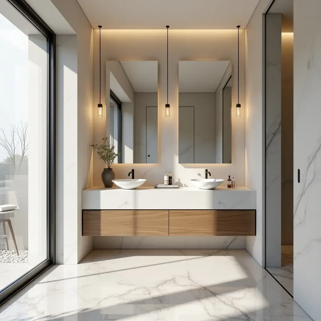 a photo of a bathroom with a mix of textures and materials