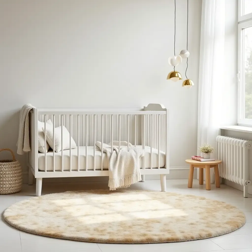 a photo of a nursery with a metallic gold accent rug on the floor