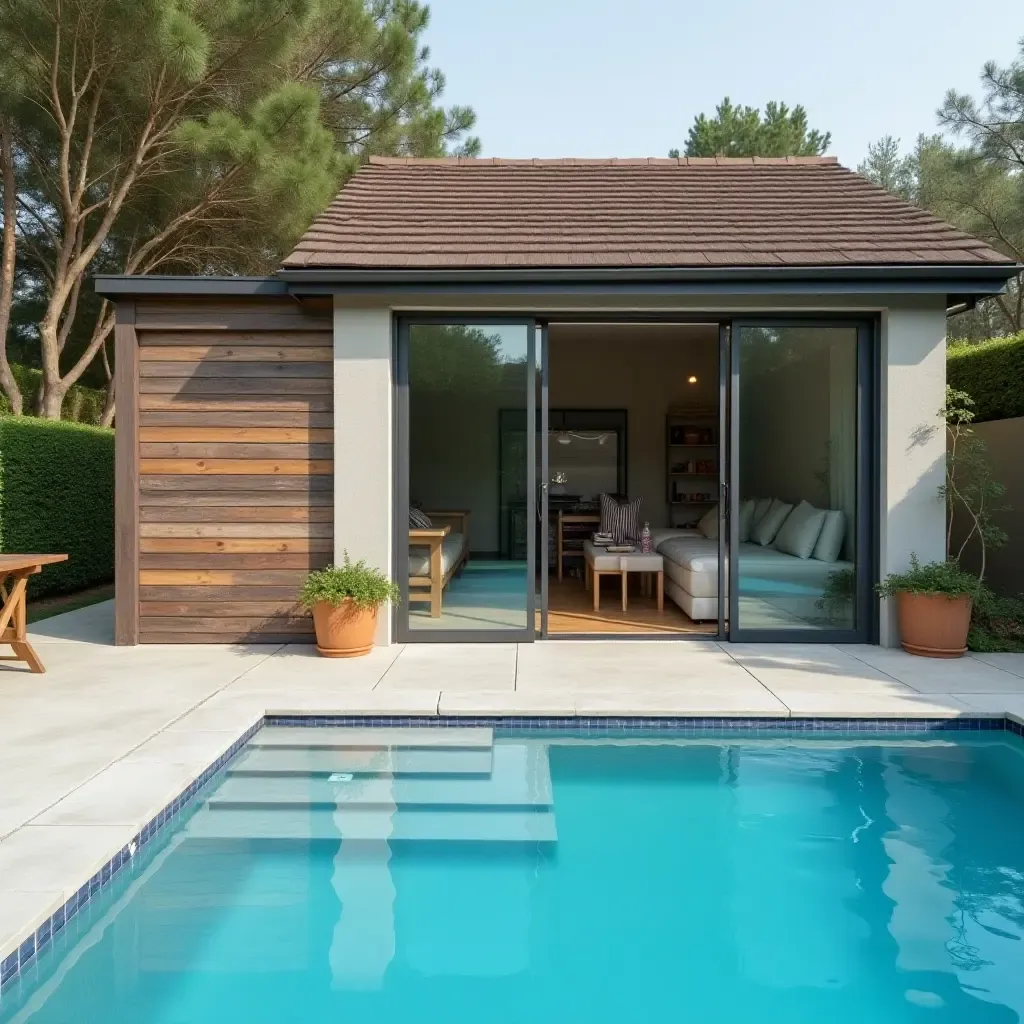 a photo of a well-organized pool area with practical storage