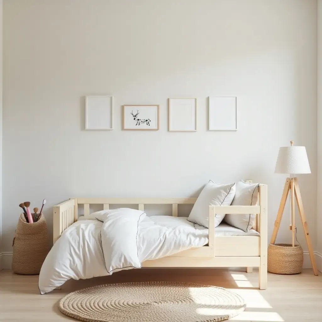 a photo of a stylish children&#x27;s room featuring a minimalist bed and art supplies corner