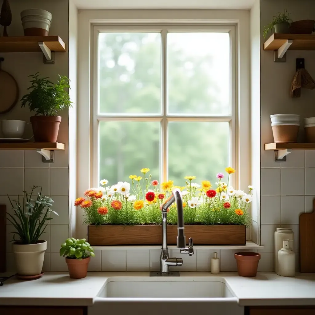 a photo of a kitchen with a lovely window box filled with flowers