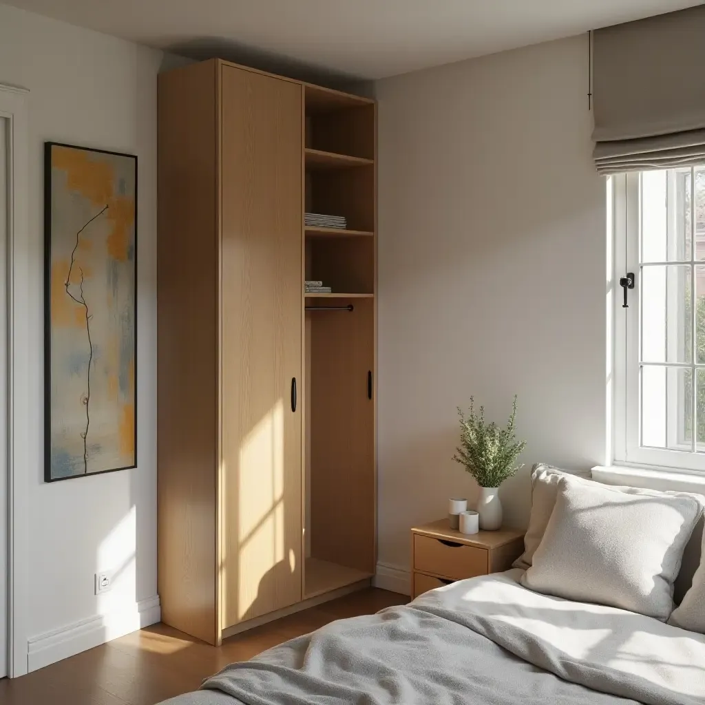 a photo of a small bedroom with a compact wardrobe