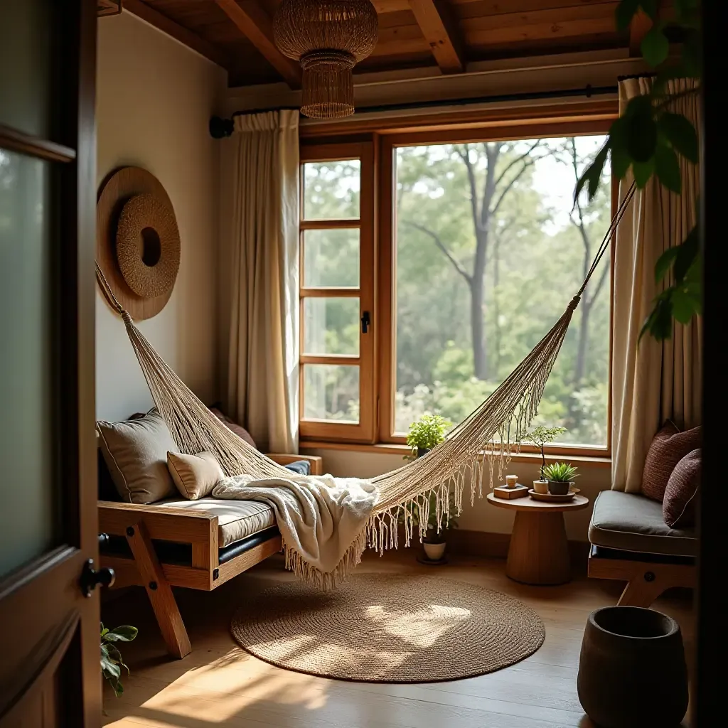 a photo of a cozy corner with a hammock in a bohemian setting