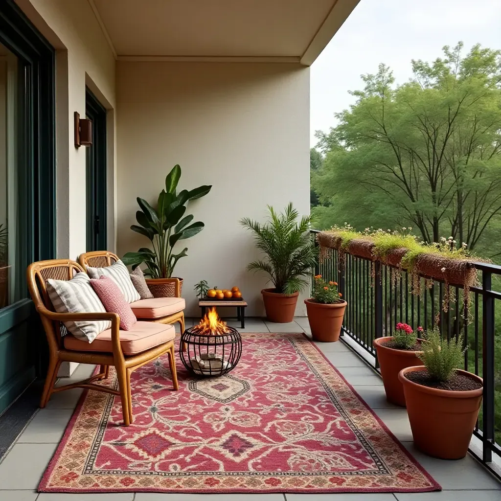 a photo of a balcony with a colorful rug and a small fire pit