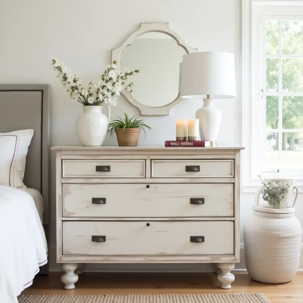 a photo of a stylish bedroom with a farmhouse-style dresser and vintage accents