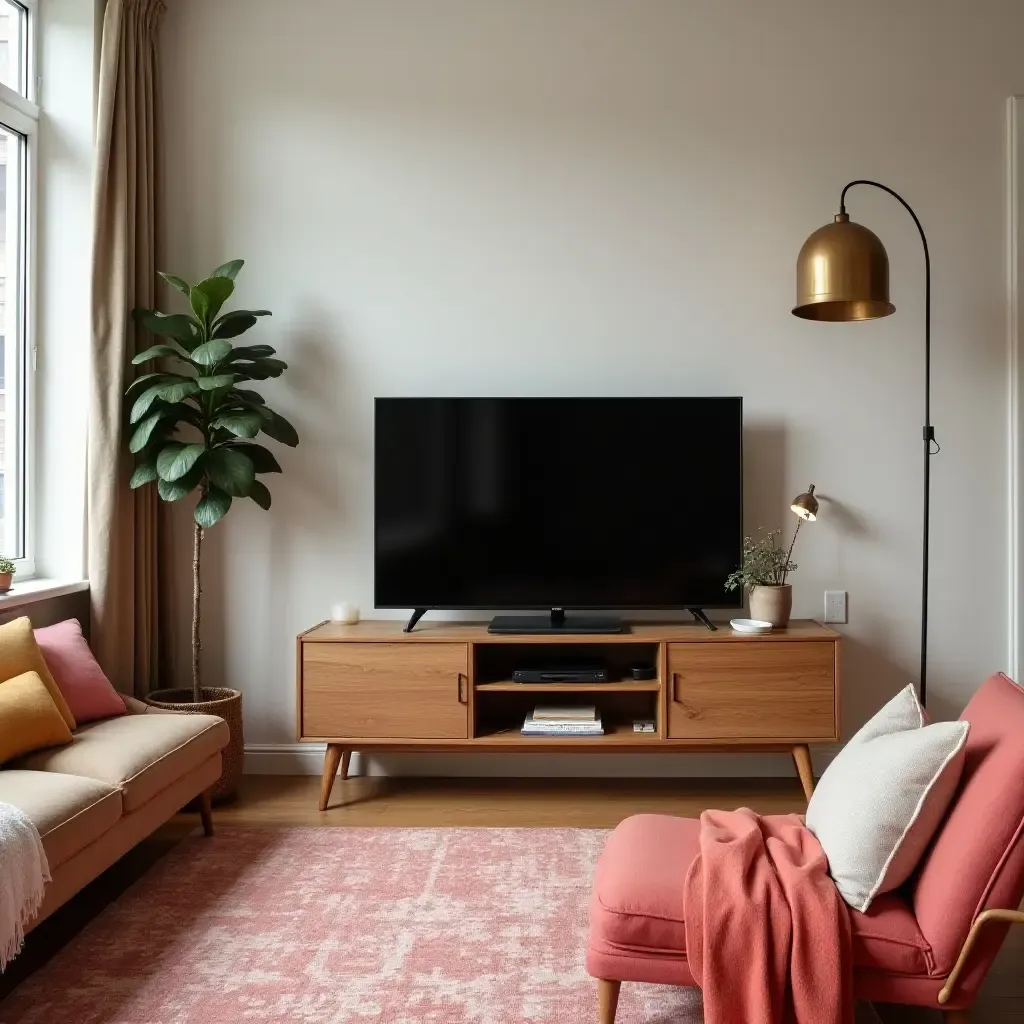 a photo of a cozy small living room featuring a foldable TV stand and vibrant decor