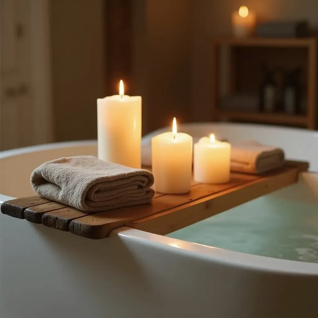 a photo of a rustic wooden bath tray with candles