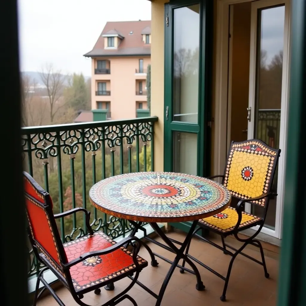 a photo of a balcony with a handmade mosaic table and colorful chairs