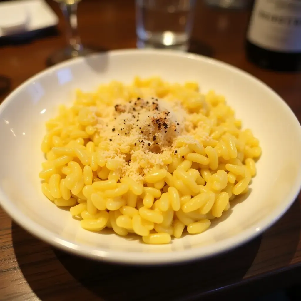 a photo of authentic risotto alla Milanese with saffron and Parmesan cheese.