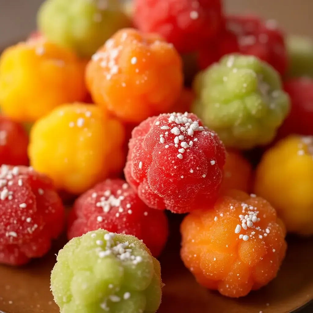 a photo of a close-up of rare Portuguese sweets with vibrant colors and textures.