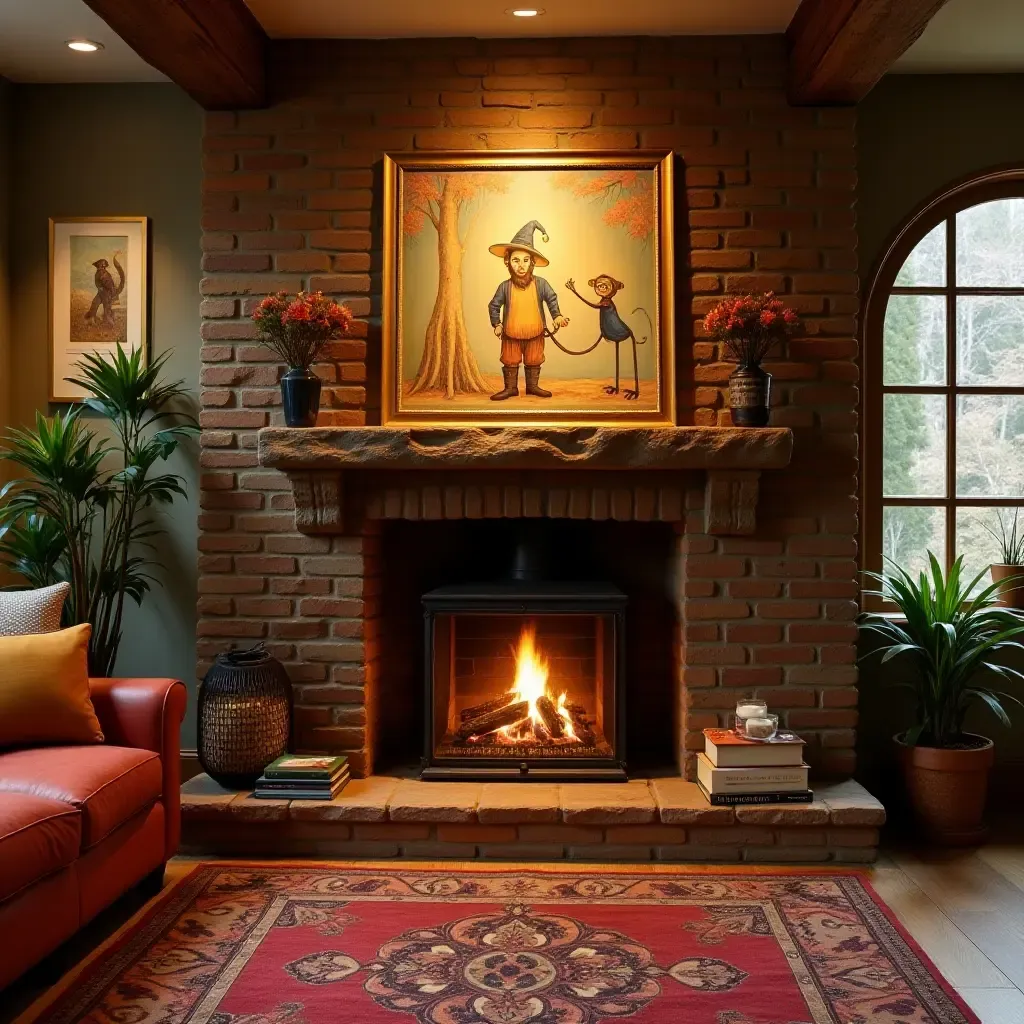 a photo of a basement with a cozy fireplace surrounded by whimsical art