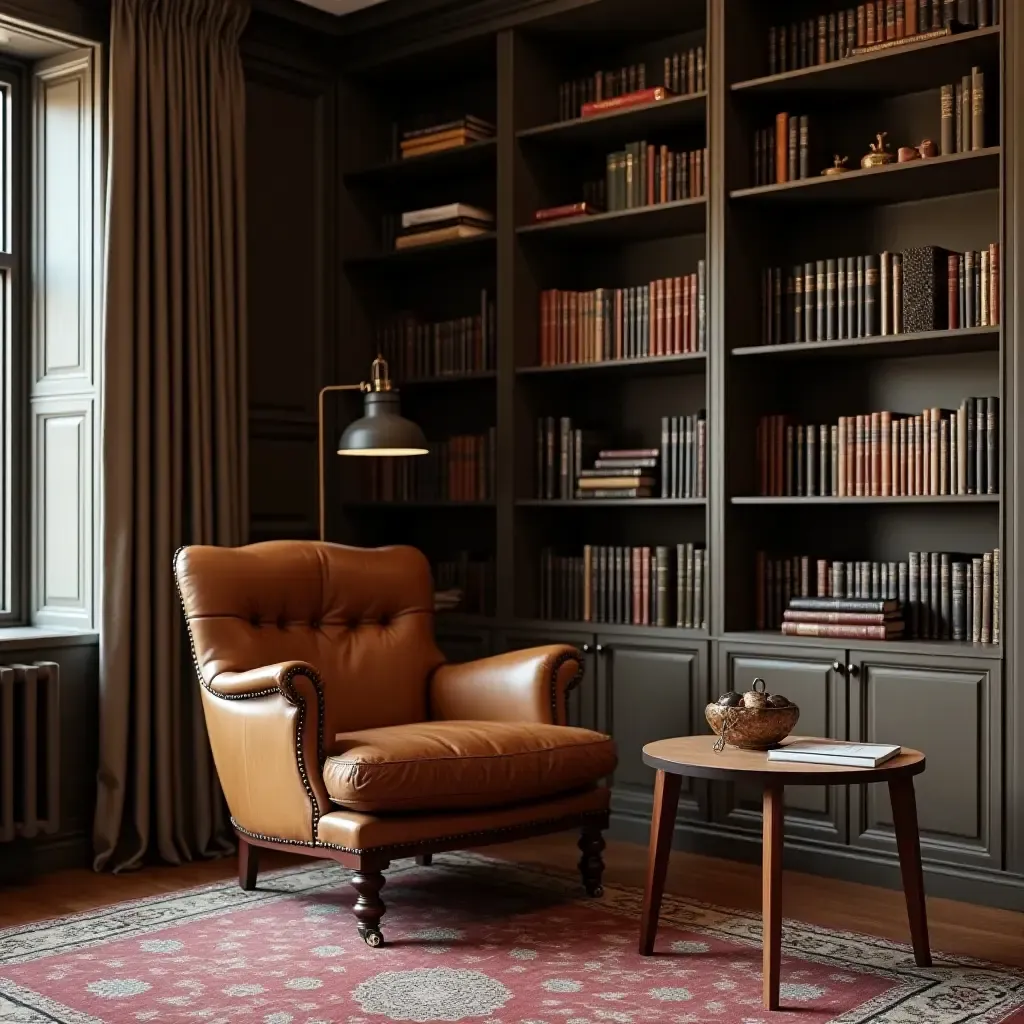 a photo of a modern library with a vintage leather armchair and a wooden bookshelf