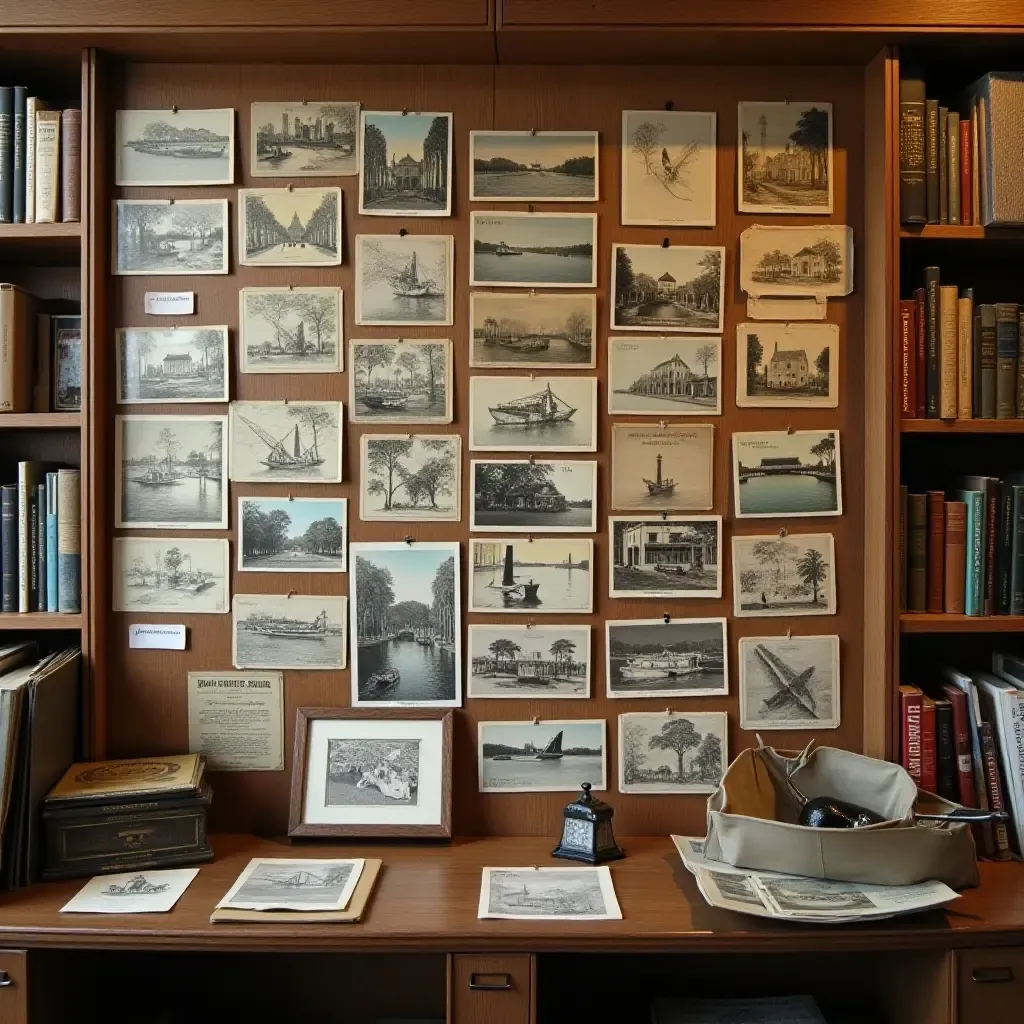 a photo of a collection of vintage postcards displayed on a library wall