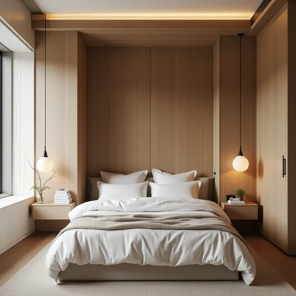 a photo of a stylish small bedroom with a minimalist design and warm wood textures