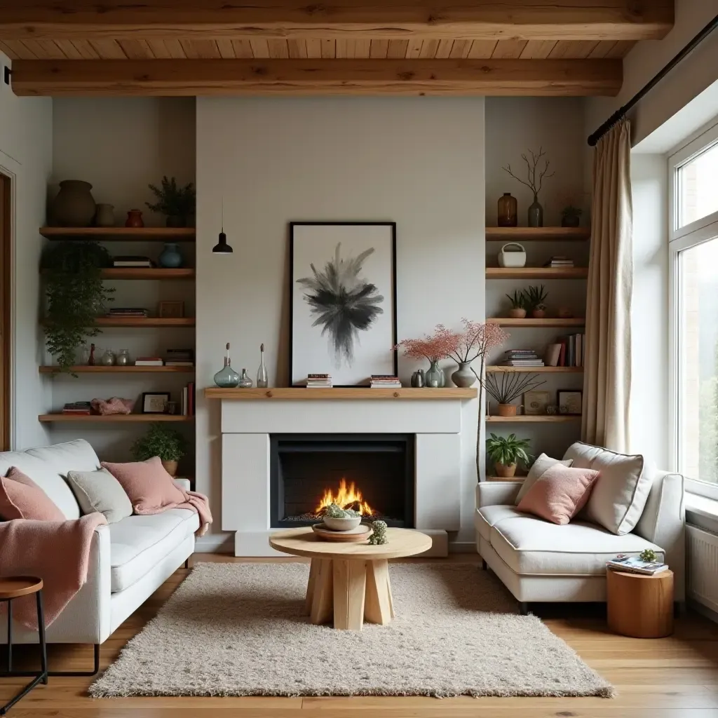 a photo of a rustic living room with wooden shelves and colorful decor