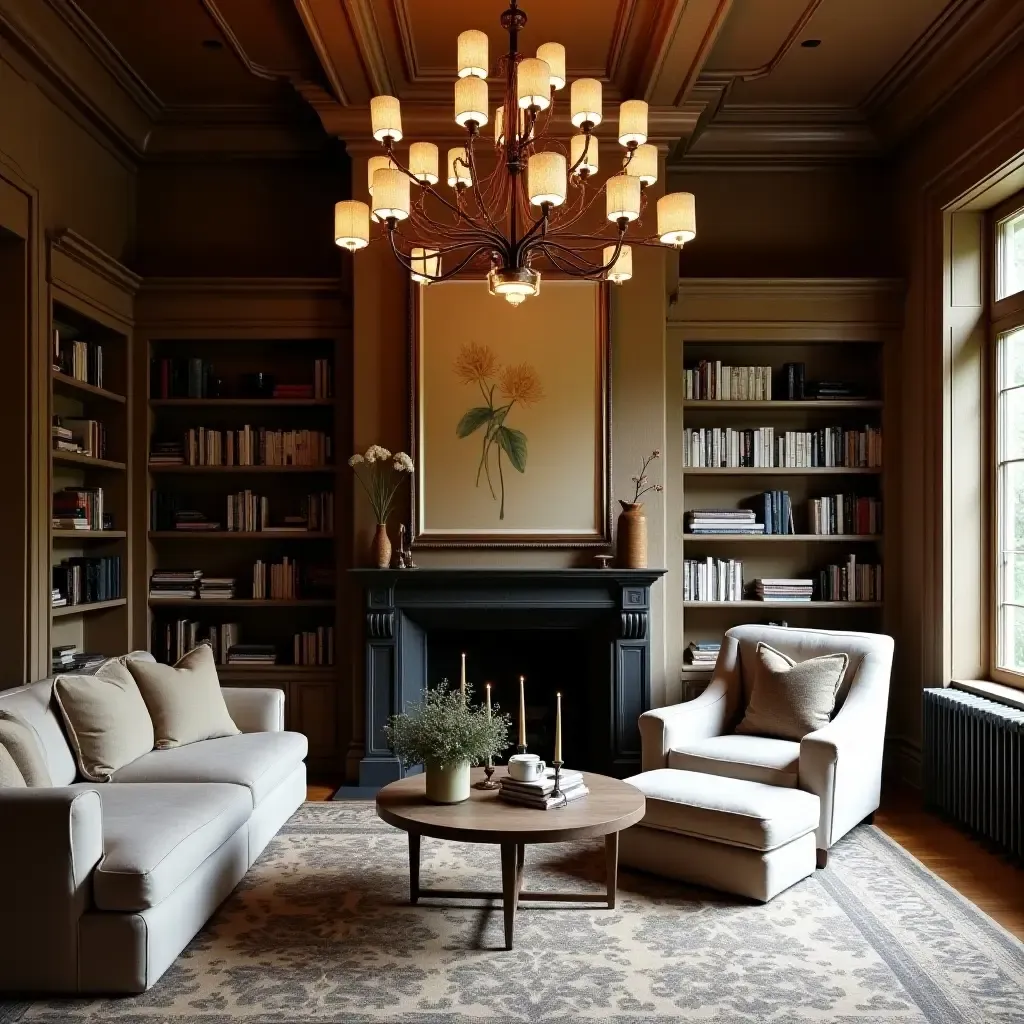 a photo of a home library with a beautiful chandelier and rustic charm