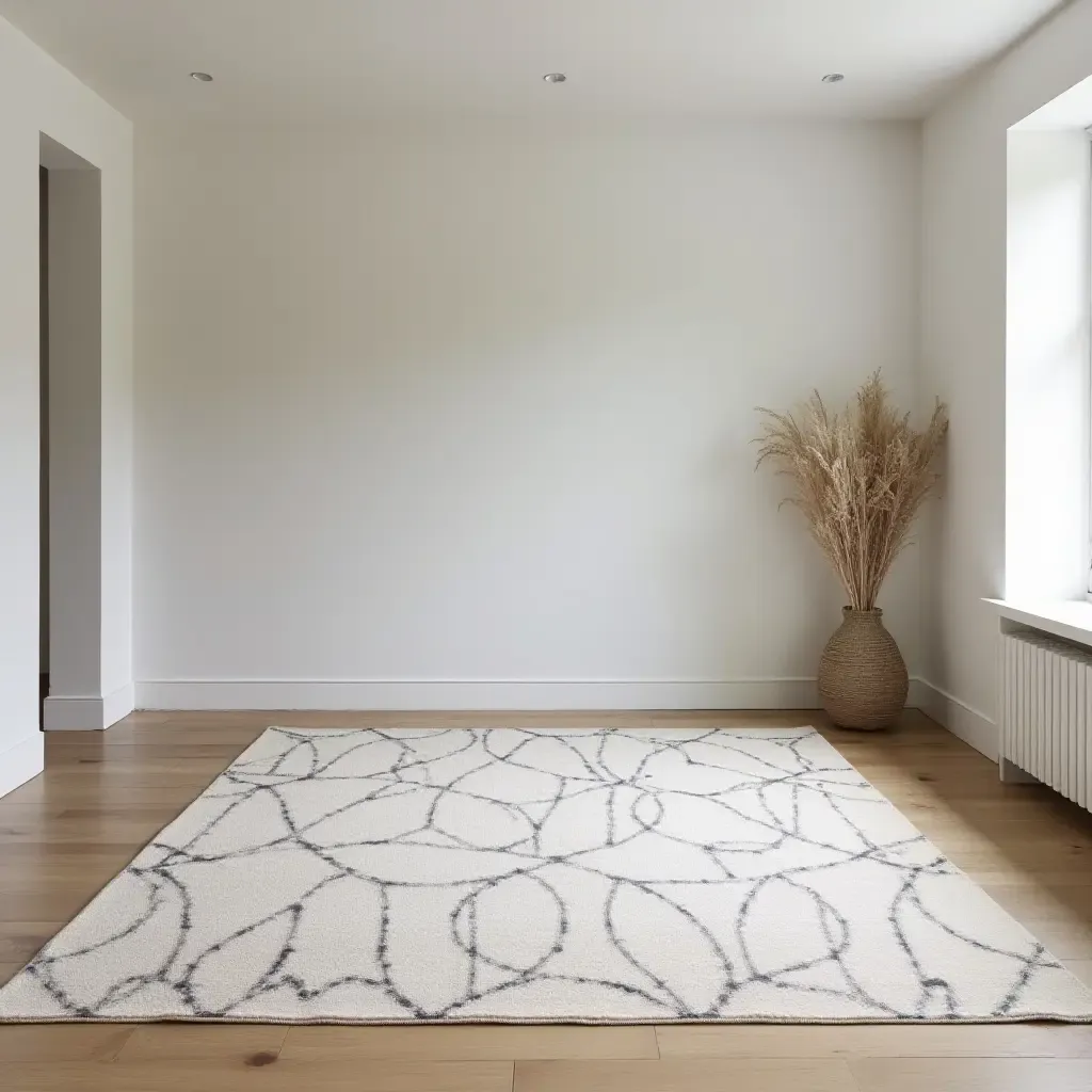 a photo of a chic, Scandinavian-style rug in a minimalist basement