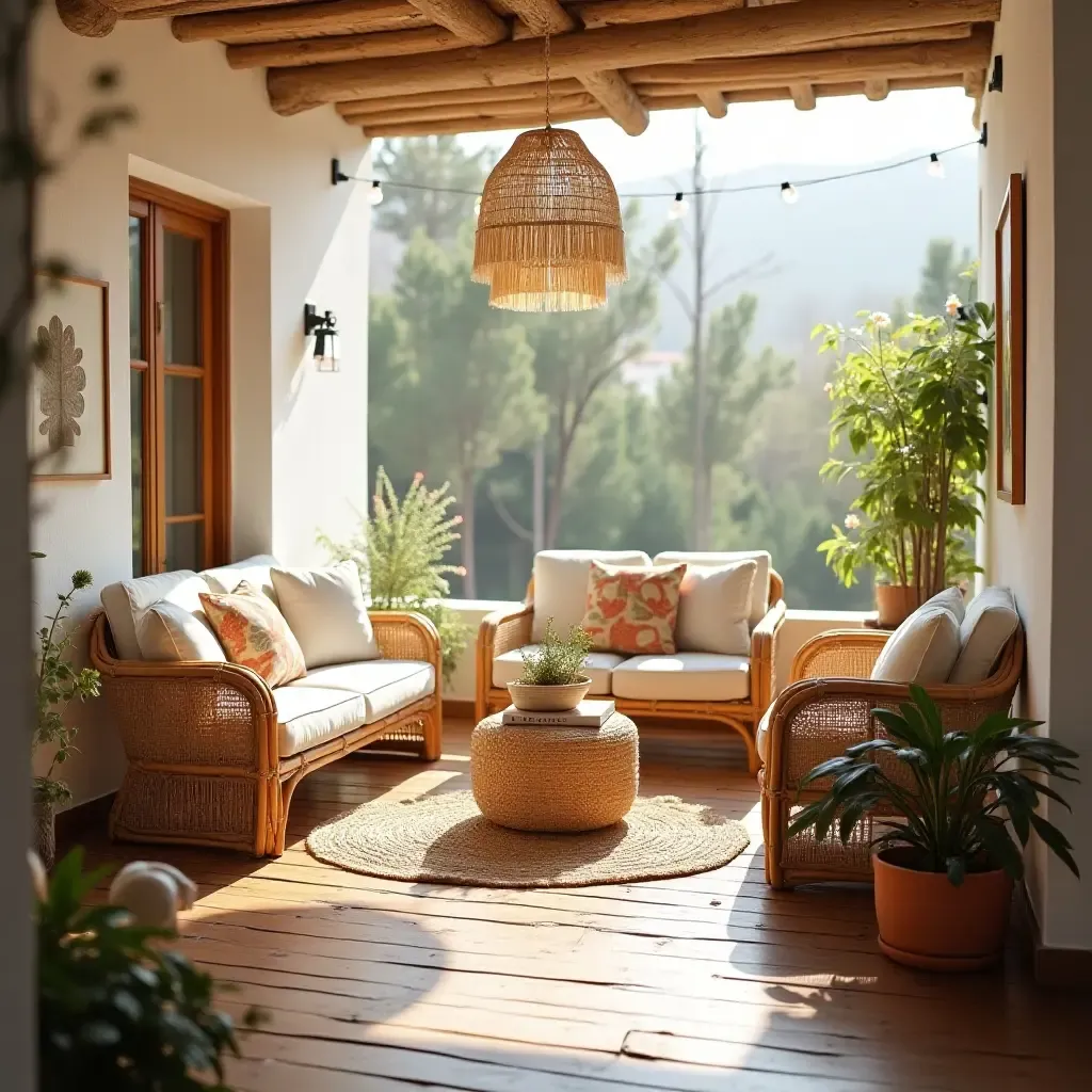 a photo of a sunlit bohemian space with rattan furniture and cushions