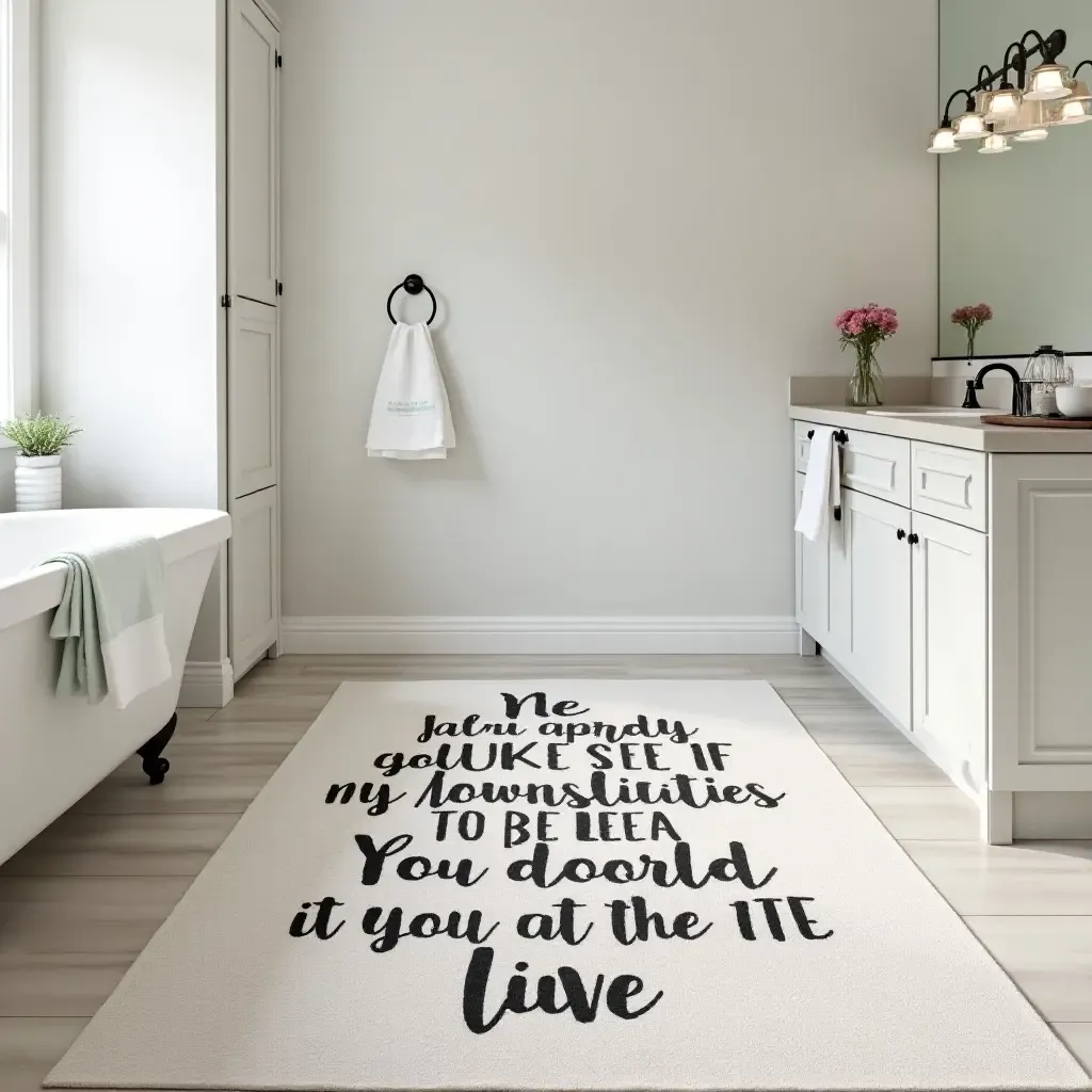 a photo of a statement rug with inspirational quotes in a bathroom