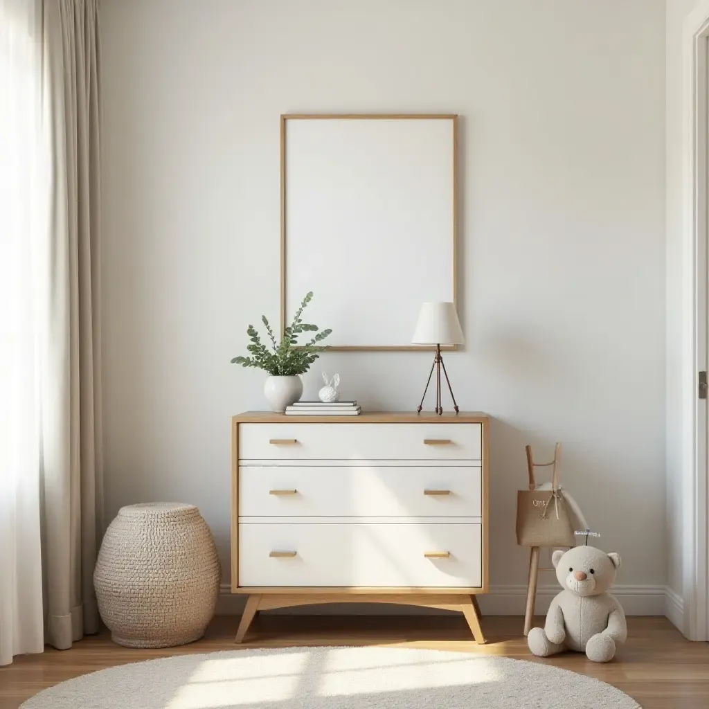 a photo of a stylish kids&#x27; room featuring a vintage dresser and contemporary decor