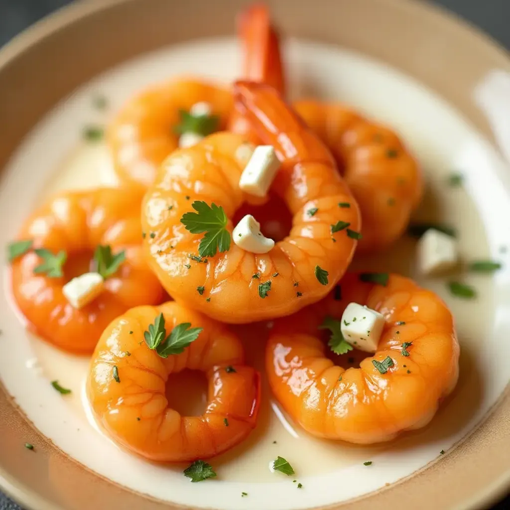 a photo of saganaki shrimp with feta cheese and ouzo, garnished with parsley